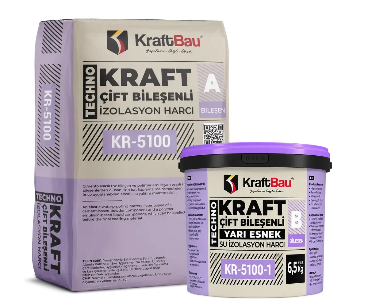 Techno Kraft Çift Bileşenli Yarı Elastik Su İzolasyon Harcı KR-5100 + KR-5100-1 Gri