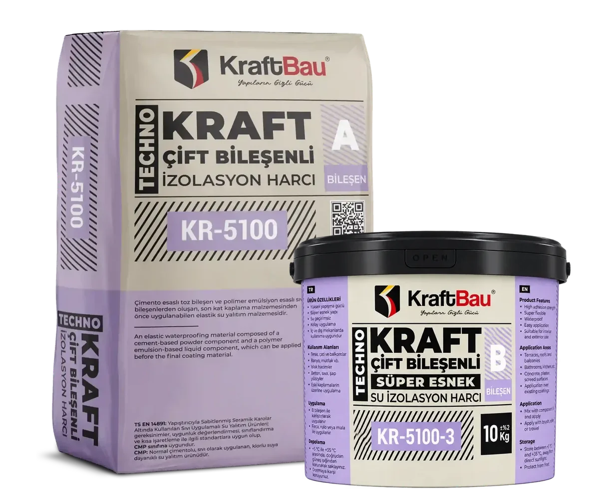 Techno Kraft Çift Bileşenli Süper Elastik Su İzolasyon Harcı KR-5100 + KR-5100-3 Gri